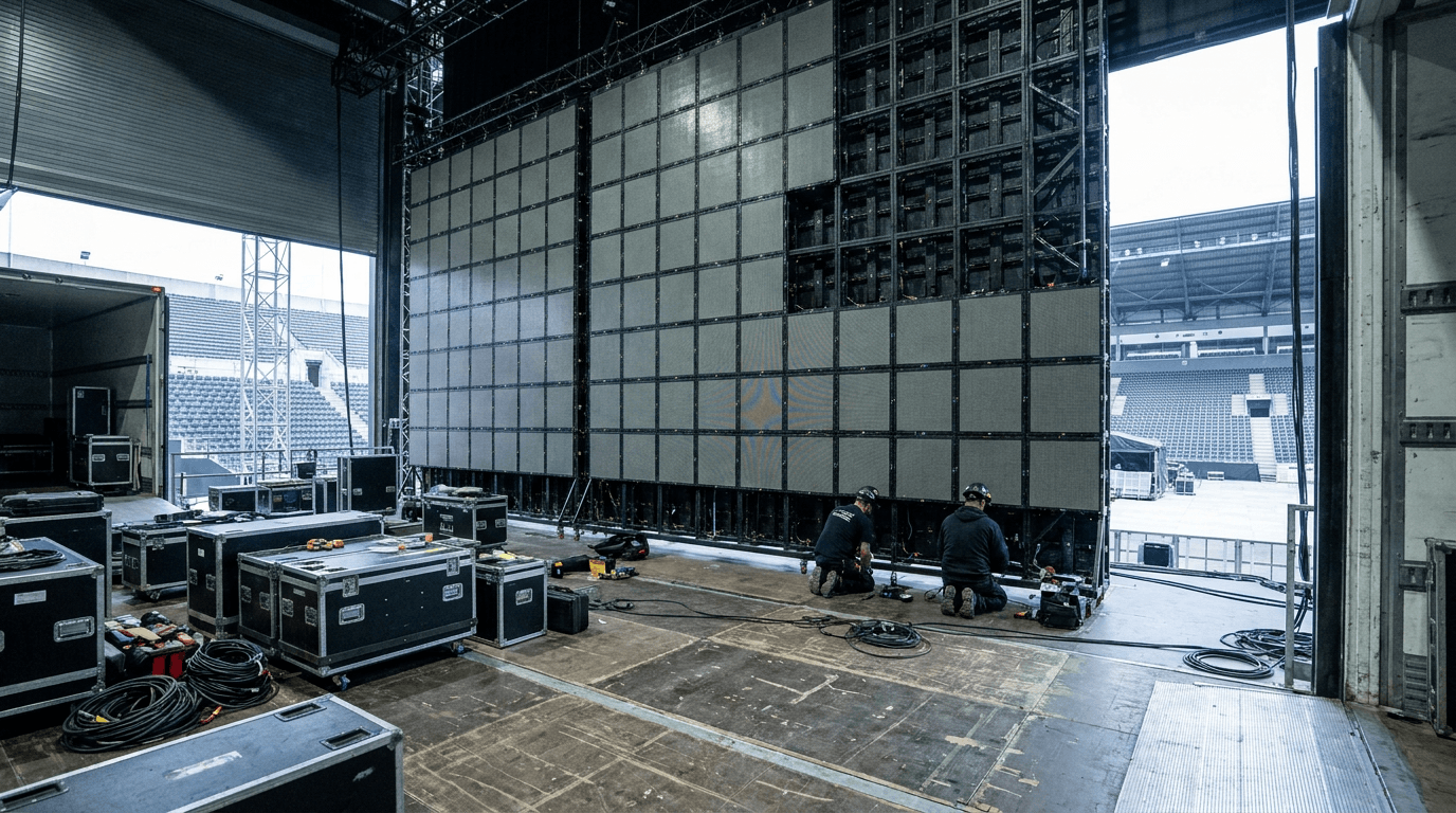 A large touring LED wall part-way through build, the upper corner still open to the truss behind it, with crew working at the base.