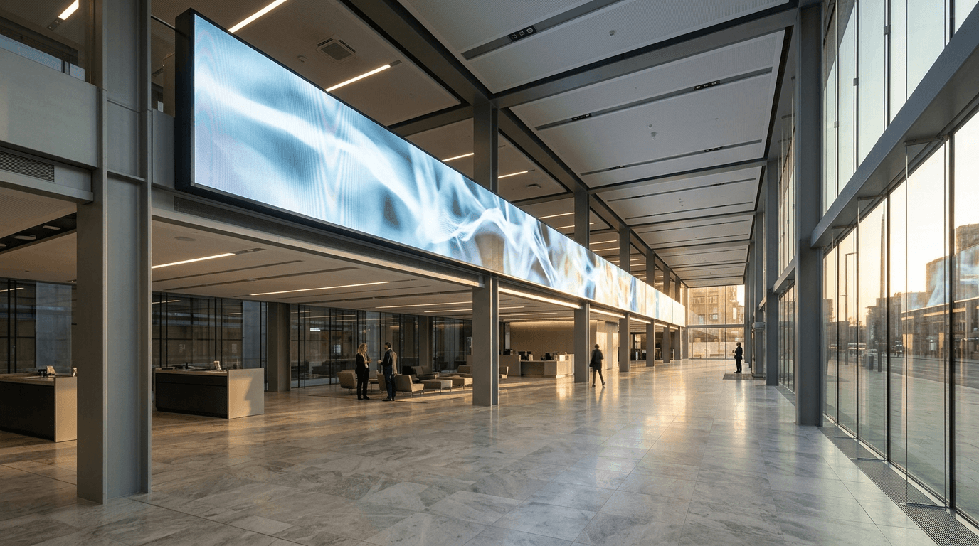 A long, narrow LED ribbon mounted high above a banking hall, holding a cool image against low afternoon sun through full-height west-facing glass.