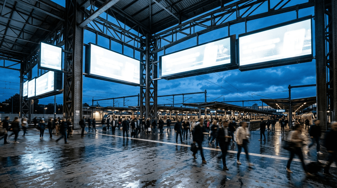 Outdoor-rated LED faces mounted high on the columns and roof structure of a semi-exposed station concourse at dusk, after rain.