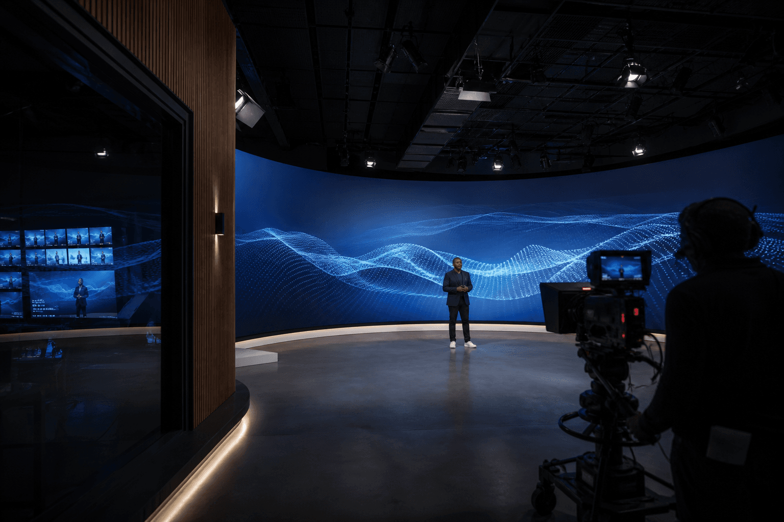 Broadcast presenter in front of a curved fine-pitch LED studio wall with a camera in the foreground