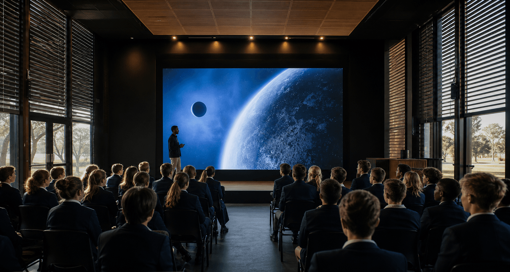 South African school auditorium with students viewing a large LED teaching wall
